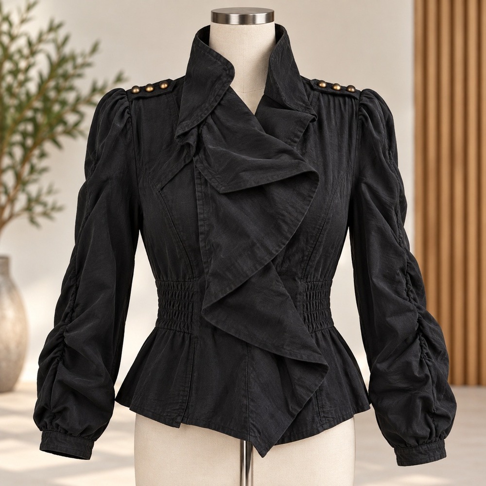 Unbranded Military Wrap Jacket Women S Black Studded Shoulder Smocked Back